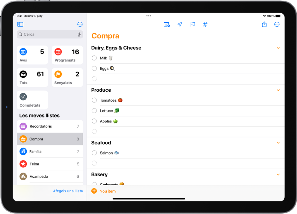 A l’app Recordatoris es mostra una llista de la compra classificada per categories.