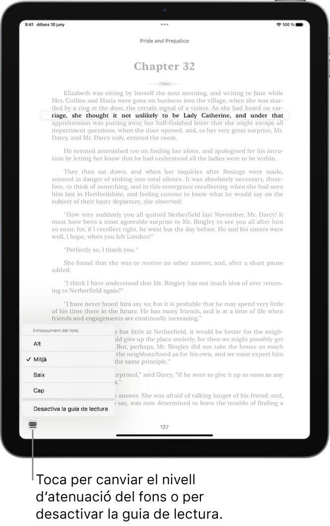 Pàgina d’un llibre a l’app Llibres. Es ressalta una sola línia de text i la resta s’atenua. A la part inferior esquerra de la pantalla hi ha el botó “Menú de la guia de lectura”.
