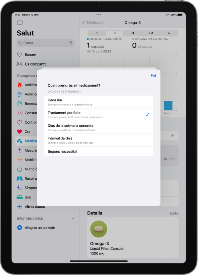 Pantalla de medicaments de l’app Salut, en què es mostren les opcions per modificar l’horari d’un medicament.