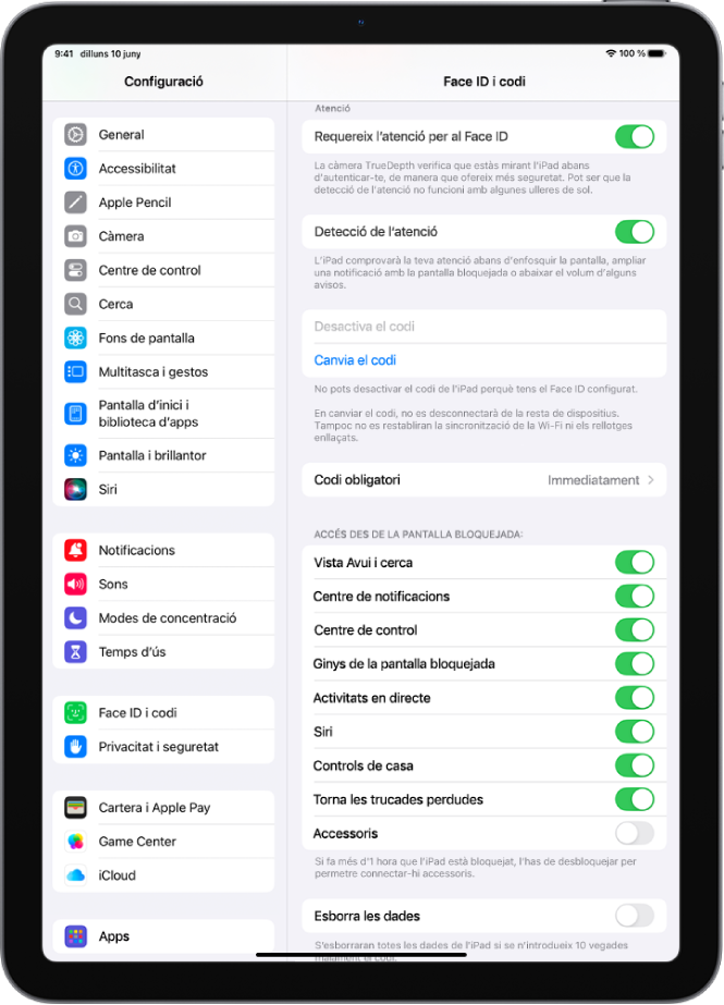 La configuració del Face ID i el codi, amb opcions per permetre l’accés a funcions concretes quan l’iPad està bloquejat.