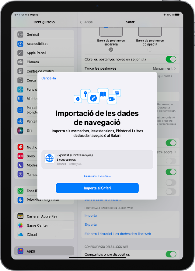 La pantalla d’importació de les dades de navegació, en què es mostra l’arxiu CSV de contrasenyes d’un altre gestor de contrasenyes que s’importarà.