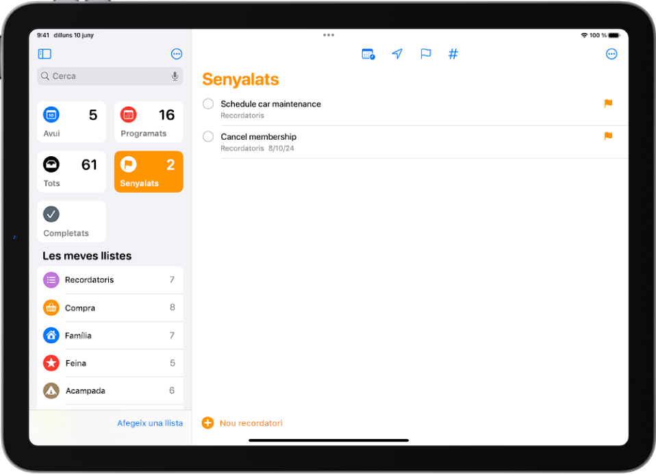 Una pantalla de l’app Recordatoris mostrant una llista intel·ligent que conté tots els ítems senyalats.