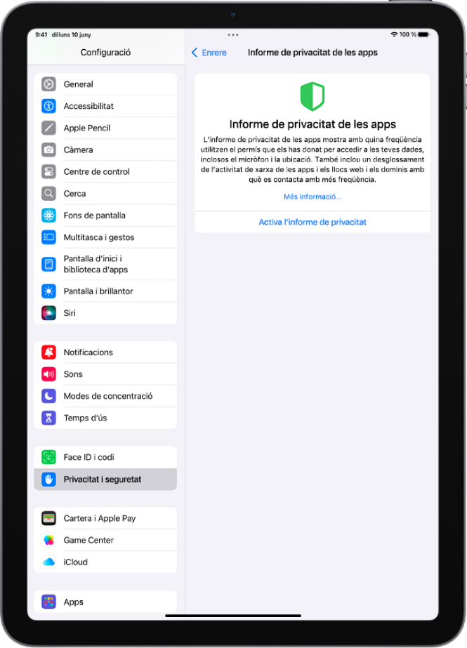 La pantalla de l’informe de privacitat e les apps, on pots activar un informe per veure amb quina freqüència fan servir les apps els permisos que els has concedit i quina activitat de xarxa tenen.