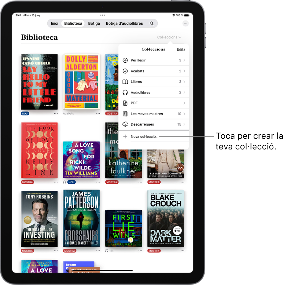 La pantalla Biblioteca de l’app Llibres. A la part superior de la pantalla s’obre el menú “Col·leccions” i s’hi mostren opcions com “Audiollibres” i “PDF”.