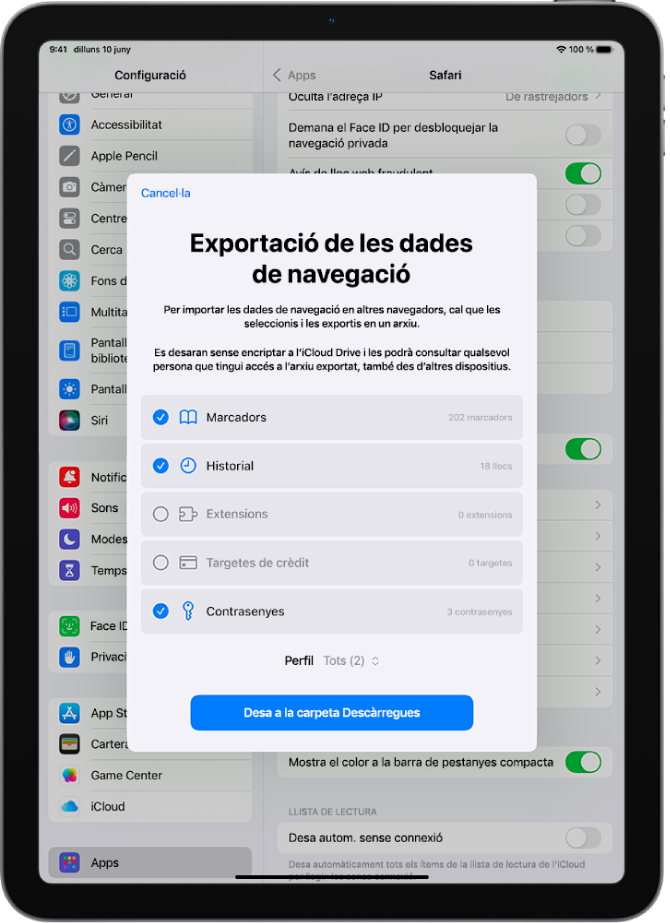 La pantalla d’exportació de les dades de navegació, en què es mostren les dades que es poden exportar del Safari a un altre navegador.