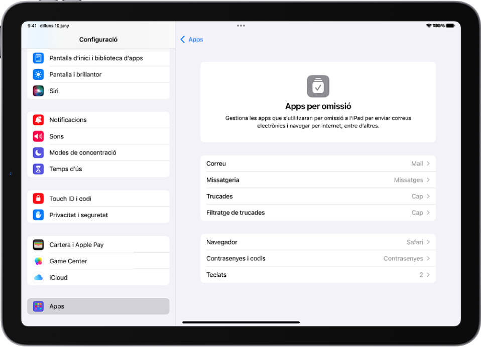 La pantalla per canviar les apps per omissió que s’utilitzen per enviar correus electrònics i navegar per internet, entre d’altres.