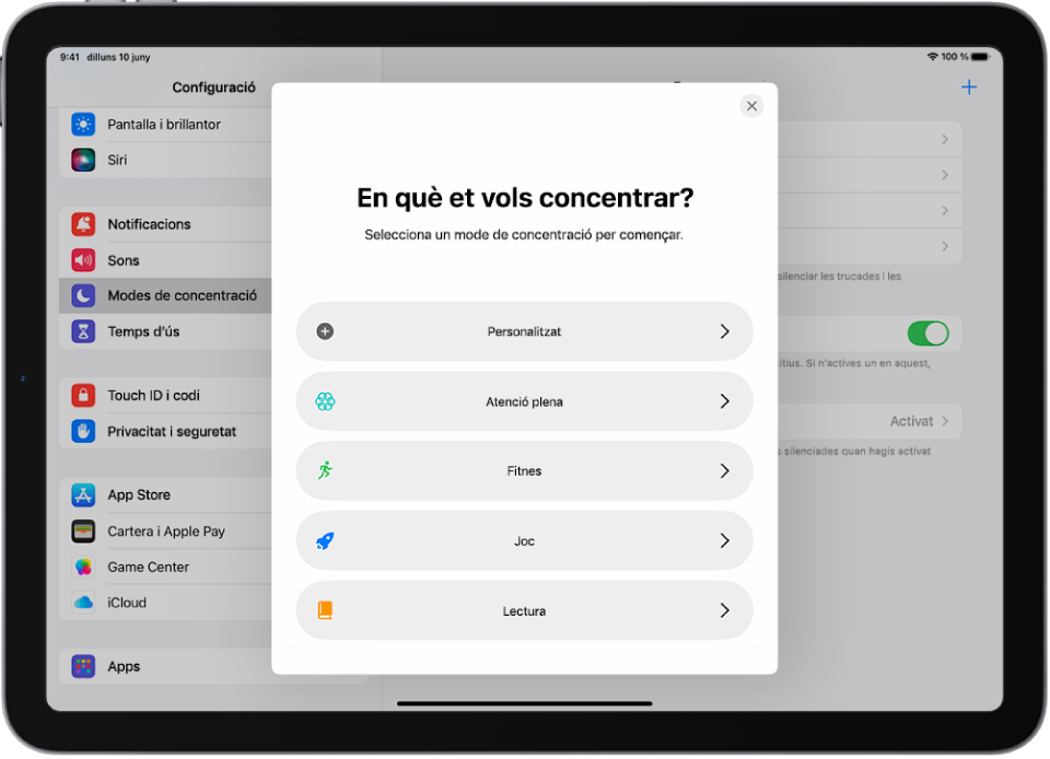 Pantalla de configuració dels modes de concentració de les opcions de concentració addicionals proporcionades, incloses “Personalitzat”, “Fitnes”, “Jocs”, “Atenció plena” i “Lectura”.