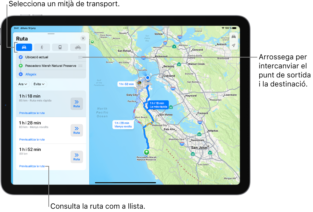 Un mapa en què es mostren diverses rutes possibles per anar en cotxe entre “La meva ubicació” i una destinació.