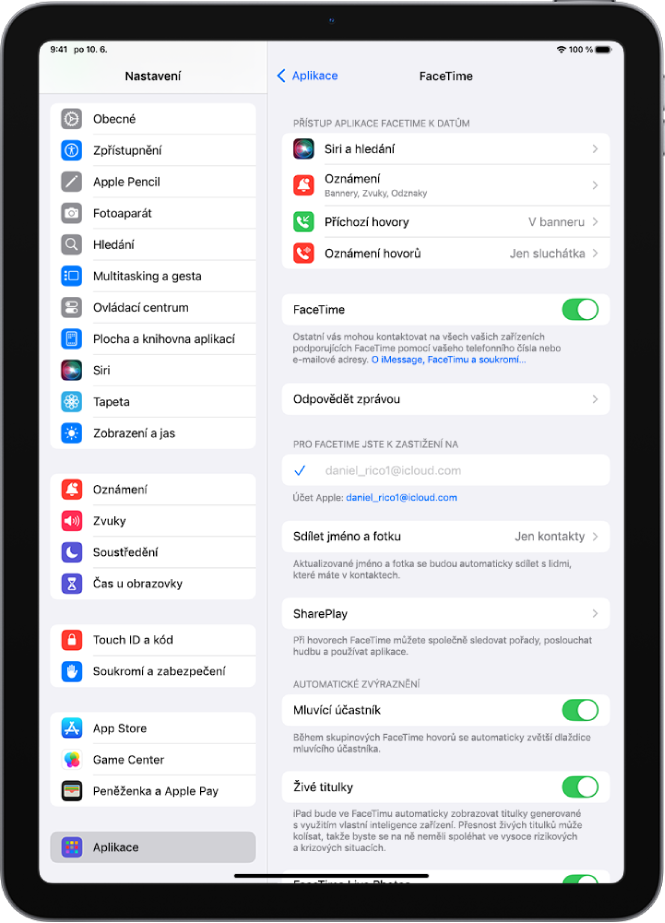Obrazovka nastavení FaceTimu s ovládacím prvkem, kterým lze FaceTime zapnout nebo vypnout, a s názvem účtu Apple, který pro FaceTime používáte