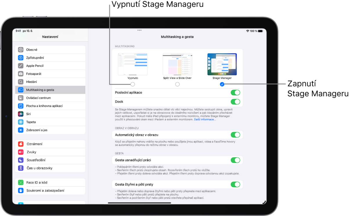 Obrazovka nastavení, na níž lze zapnout nebo vypnout Stage Manager