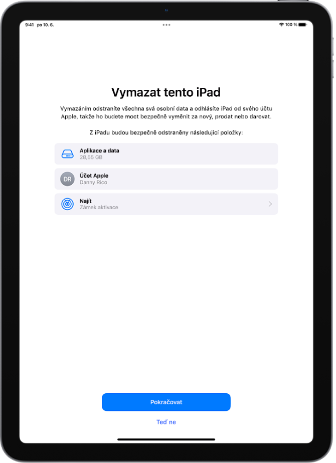 Obrazovka Vymazat tento iPad