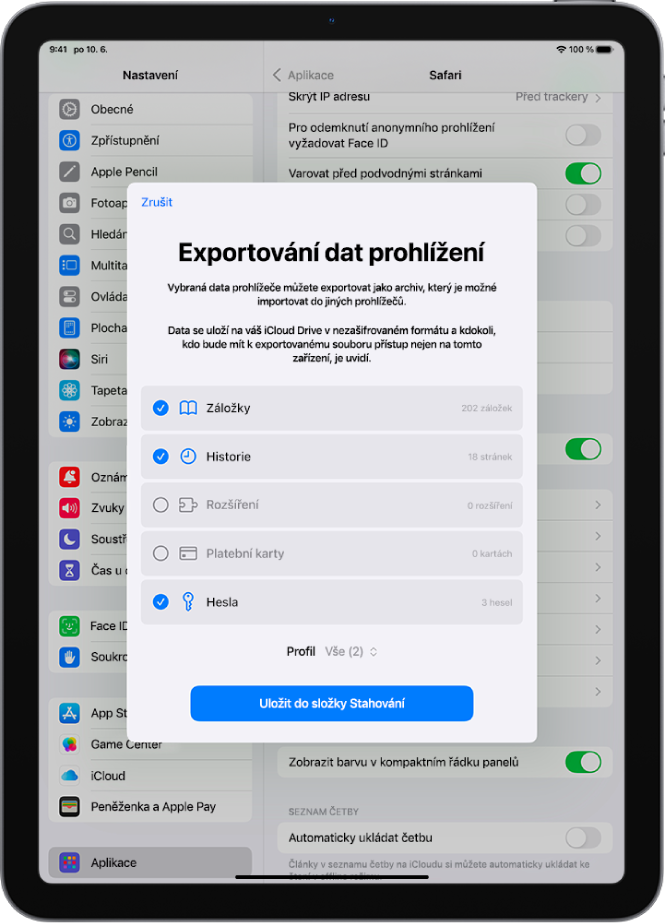 Obrazovka Exportování dat prohlížení s daty, která můžete ze Safari exportovat do jiného prohlížeče