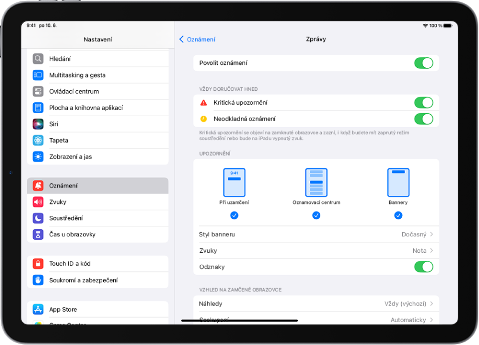 iPad s nastavením aplikace Zprávy pro oznámení a upozornění