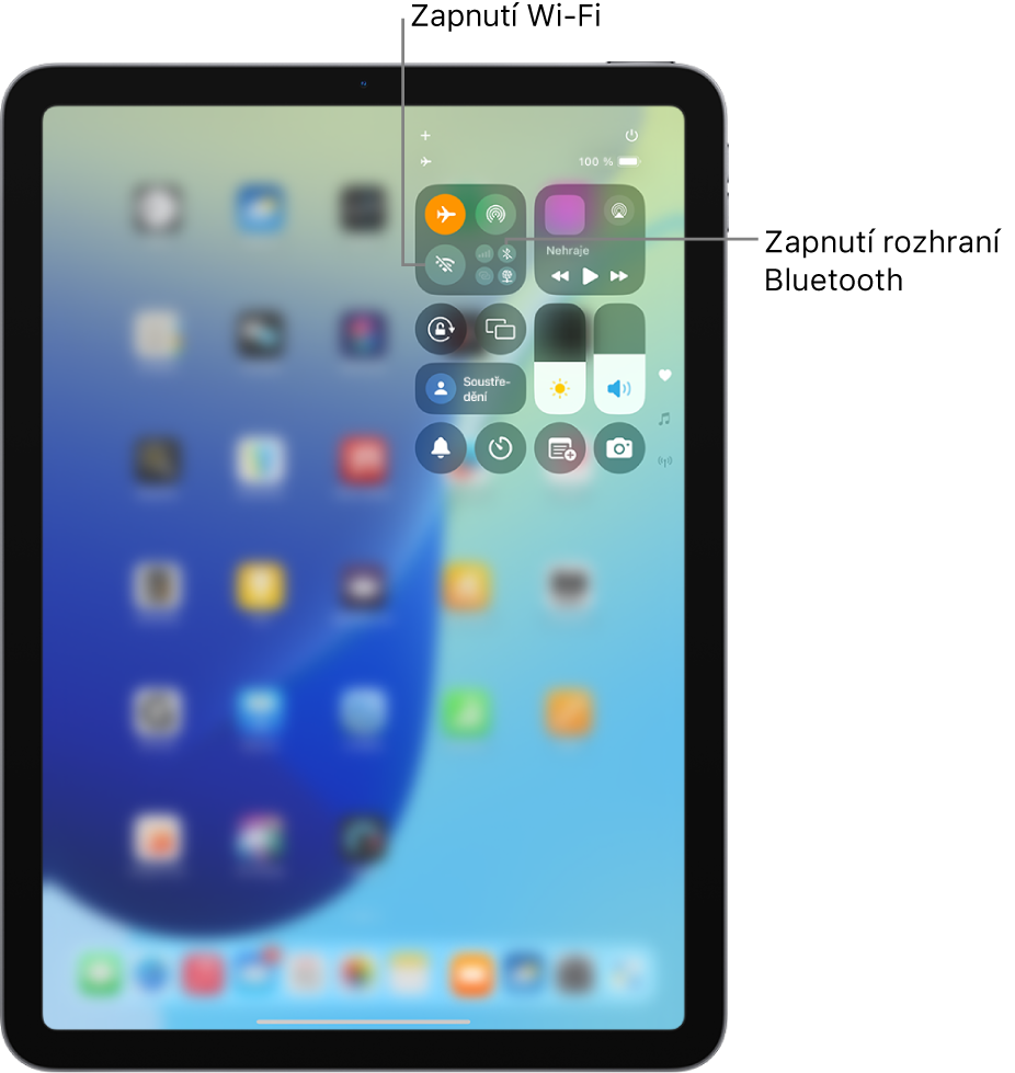 Ovládací centrum iPadu se zobrazením zapnutého letového režimu. Poblíž levého horního rohu Ovládacího centra se zobrazují tlačítka pro zapnutí rozhraní Wi‑Fi a Bluetooth.