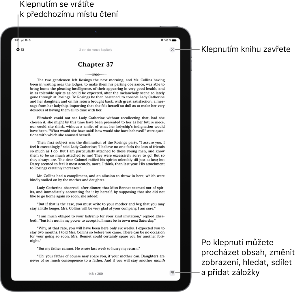 Stránka knihy v aplikaci Knihy. U horního okraje displeje se nacházejí tlačítka pro návrat na stránku, kde jste začali číst, a pro zavření knihy. Vpravo dole je vidět tlačítko nabídky.