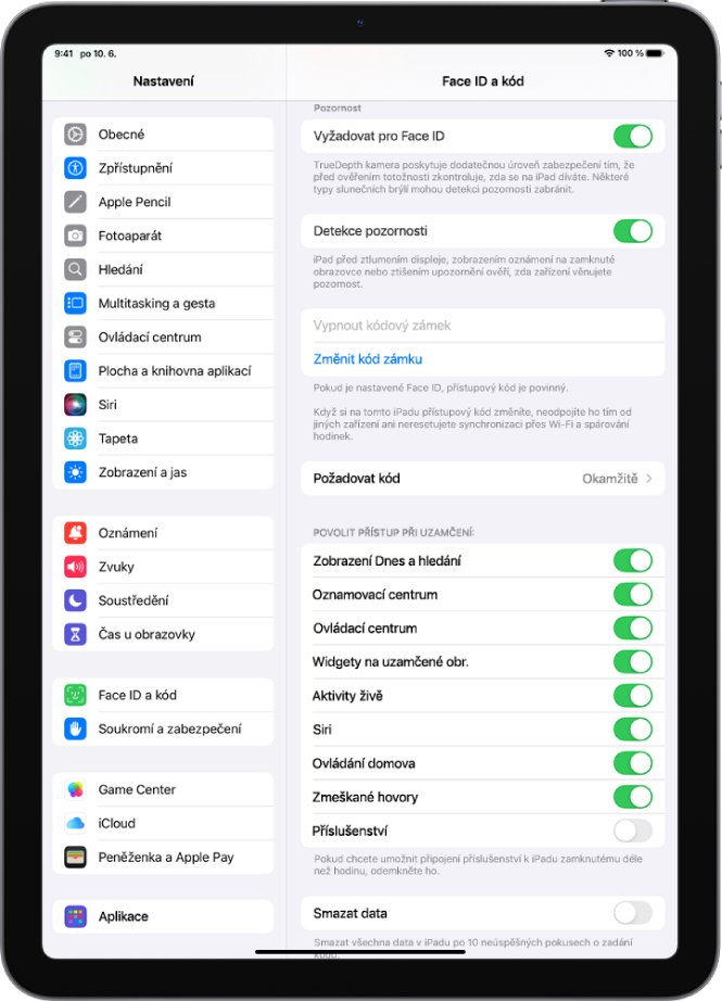 Nastavení Face ID a kód s volbami pro povolení přístupu ke konkrétním funkcím, když je iPad zamknutý