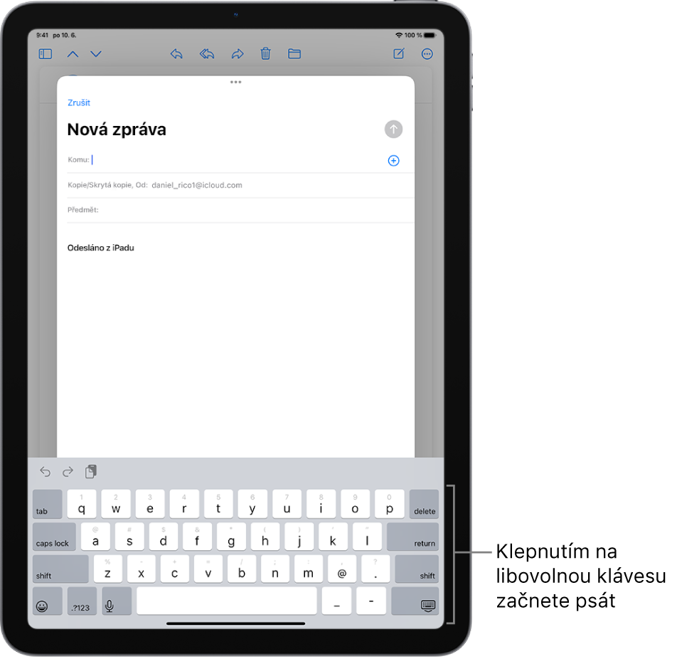 V aplikaci Mail je otevřený prázdný e-mail. V dolní polovině obrazovky je vidět klávesnice na obrazovce.