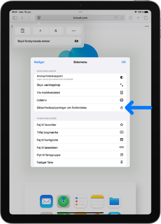 Menuen Sideindstillinger er åben i Safari, og indstillingen Sikkerhedsoplysninger om forbindelse er midtvejs nede på siden.