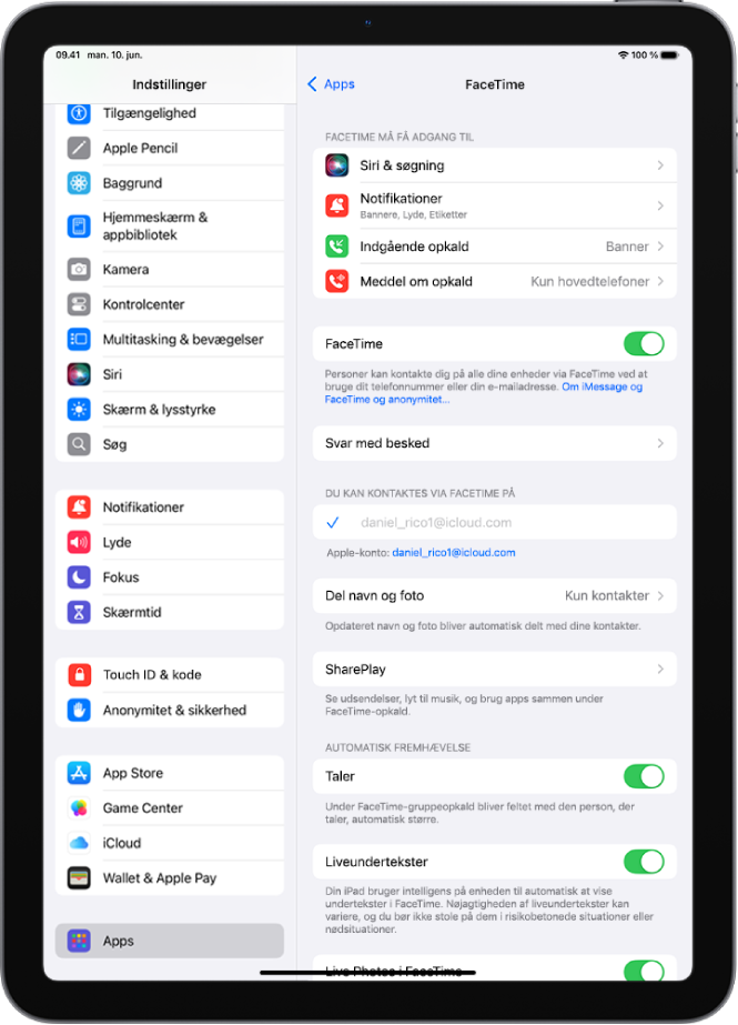 Skærmen Indstillinger til FaceTime, der viser betjeningsmuligheden til at slå FaceTime til eller fra og den Apple-konto, der bruges til FaceTime.