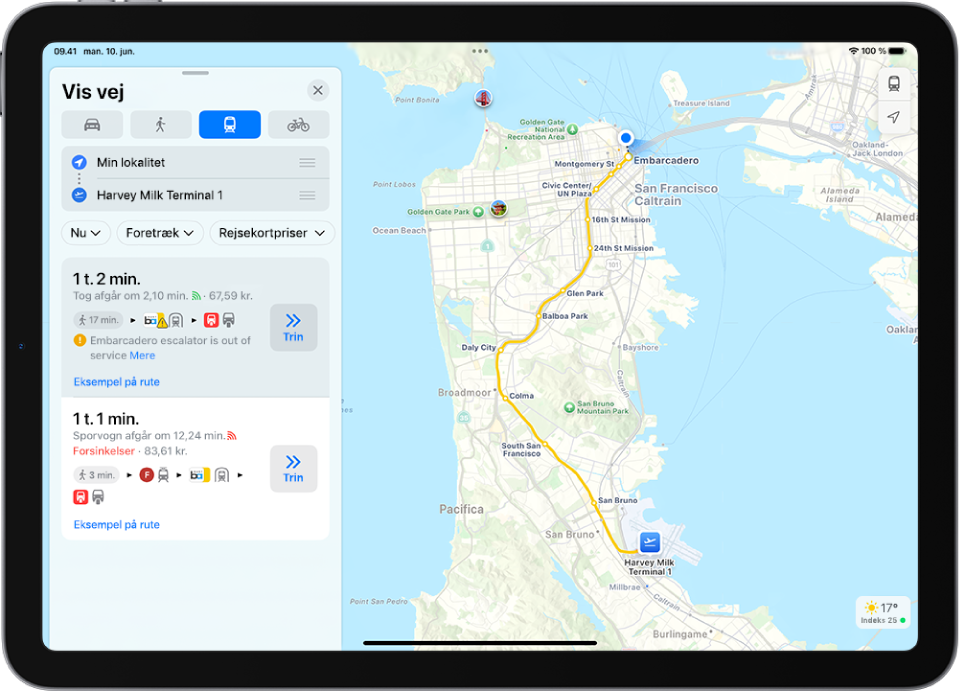 Et kort, der viser en rute med offentlig transport. Et rutekort til venstre har knappen Start til flere mulige ruter.