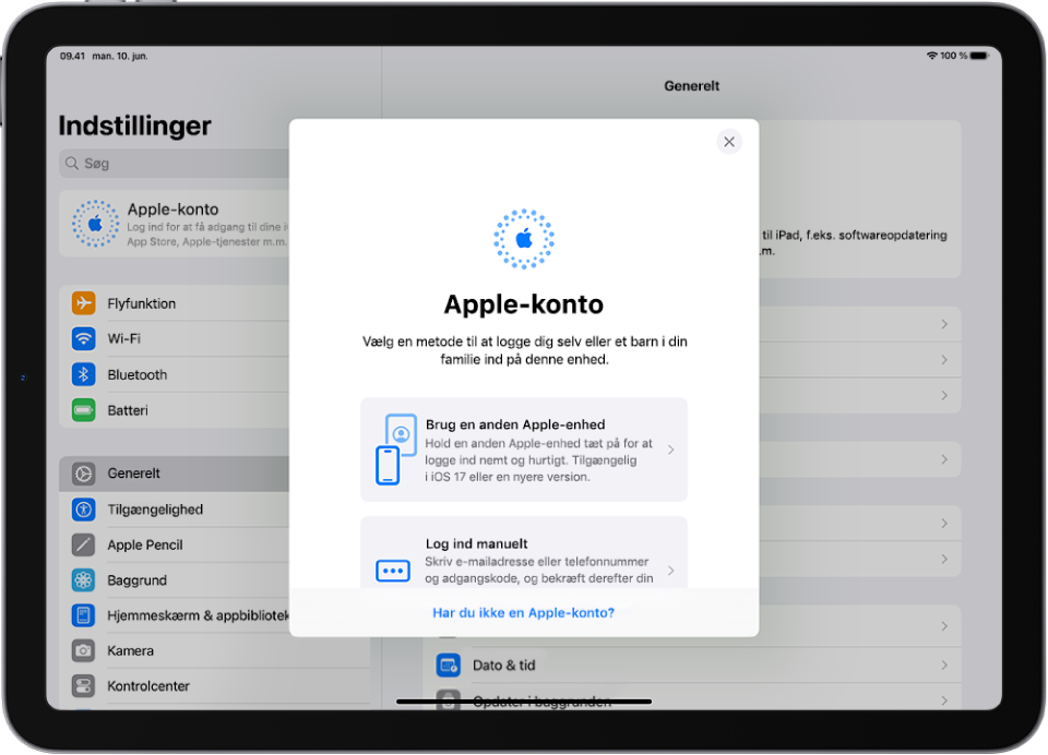 Skærmen Indstillinger med logindialogen til Apple-konto midt på skærmen.