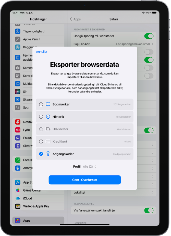 Skærmen Eksporter browserdata med muligheden Adgangskoder valgt for at eksportere til en anden adgangskodeapp.
