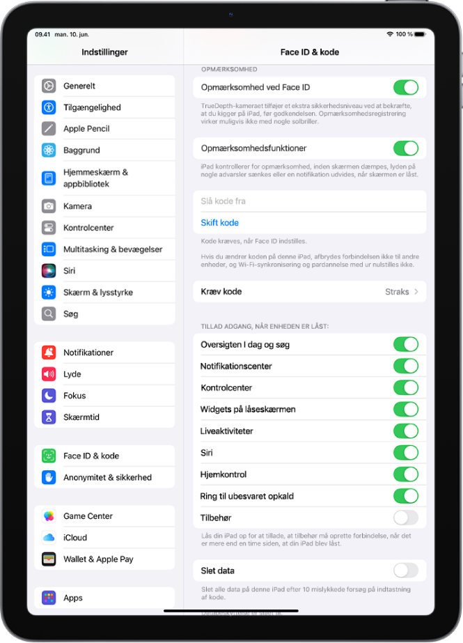 Indstillingerne til Face ID & kode med muligheder for at tillade adgang til bestemte funktioner, når iPad er låst.