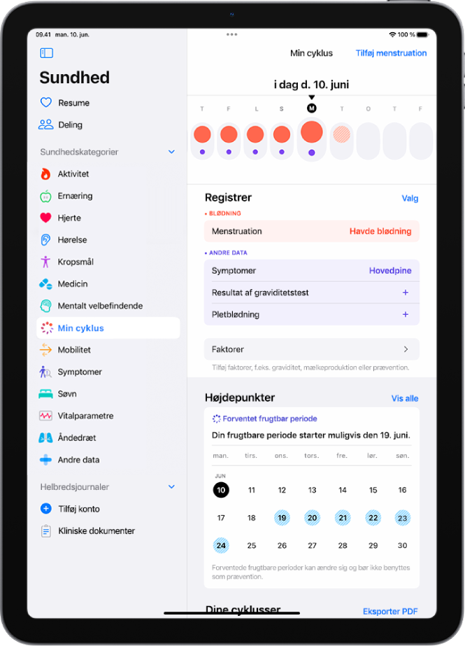 Øverst på skærmen Min cyklus vises tidslinjen for en uge. Udfyldte røde cirkler og lilla prikker markerer de første 5 dage på tidslinjen. Under tidslinjen er der muligheder for at tilføje oplysninger om menstruationer, symptomer m.m.