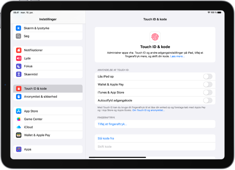 En skærm, der viser indstillinger til Touch ID og kode med muligheder for at tilføje et fingeraftryk og slå kode til.