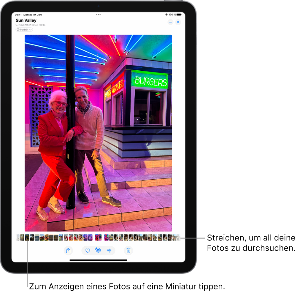 Die App „Fotos“ mit einem Foto im Vollbildmodus. Unten auf dem Bildschirm sind die Miniaturen anderer Fotos in der Mediathek zu sehen.