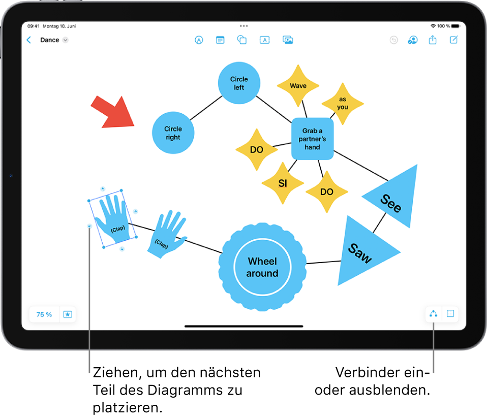 Ein Diagramm auf einem Freeform-Board mit Verbindungselementen auf einer ausgewählten Form und den Formatierungswerkzeugen für Formen darüber.