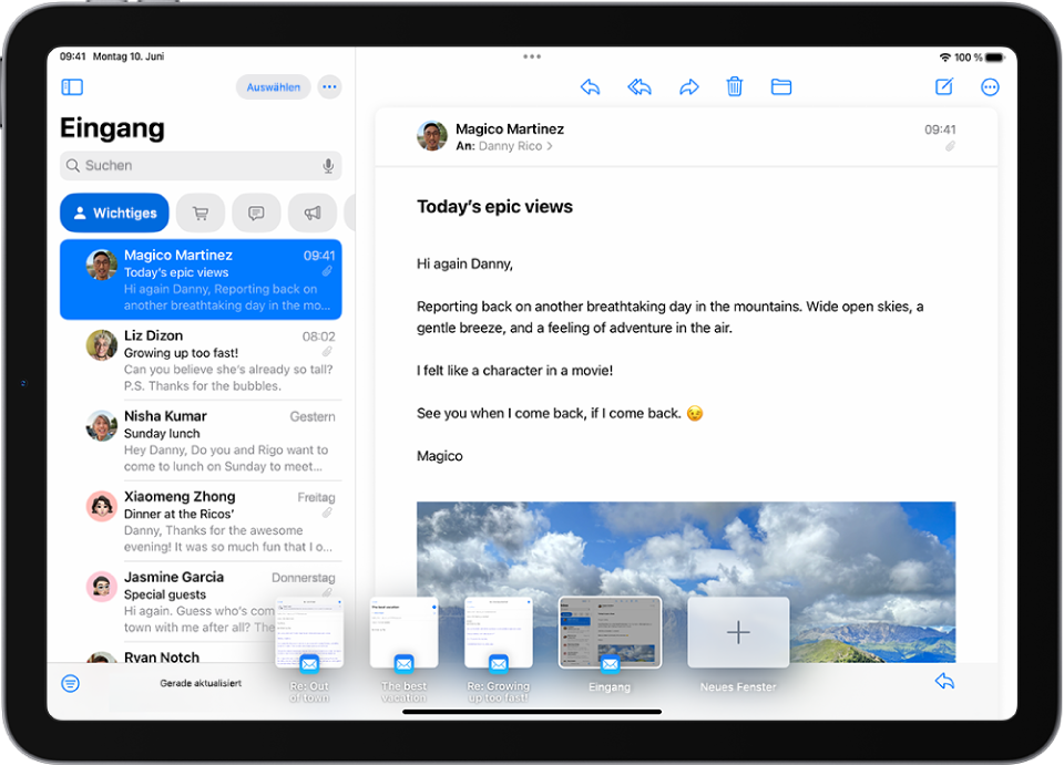 Das Fenster der App „Mail“ zeigt die Nachrichtenliste „Wichtig“ links und fünf Miniaturen von Entwürfen unten, die am Bildschirm entlang angezeigt werden.