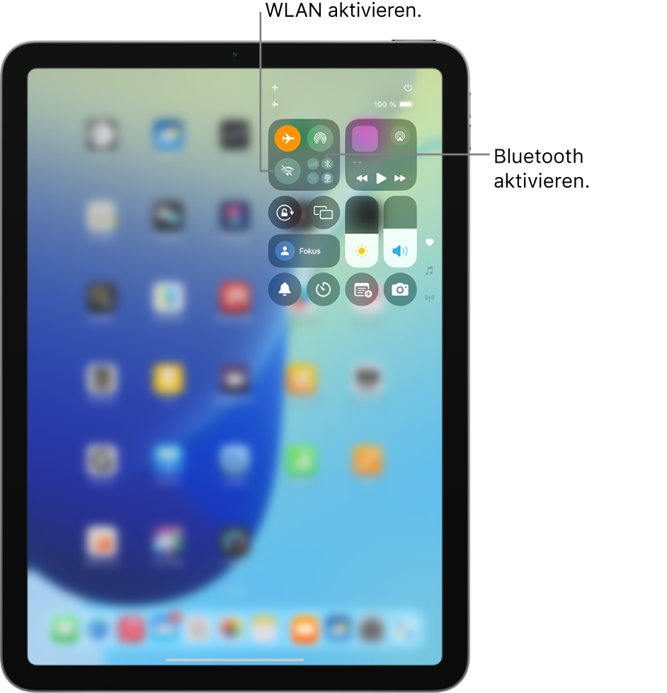 Das iPad-Kontrollzentrum zeigt, dass „Flugmodus“ aktiviert ist. Die Tasten zum Aktivieren von „WLAN“ und „Bluetooth“ befinden links oben im Kontrollzentrum.