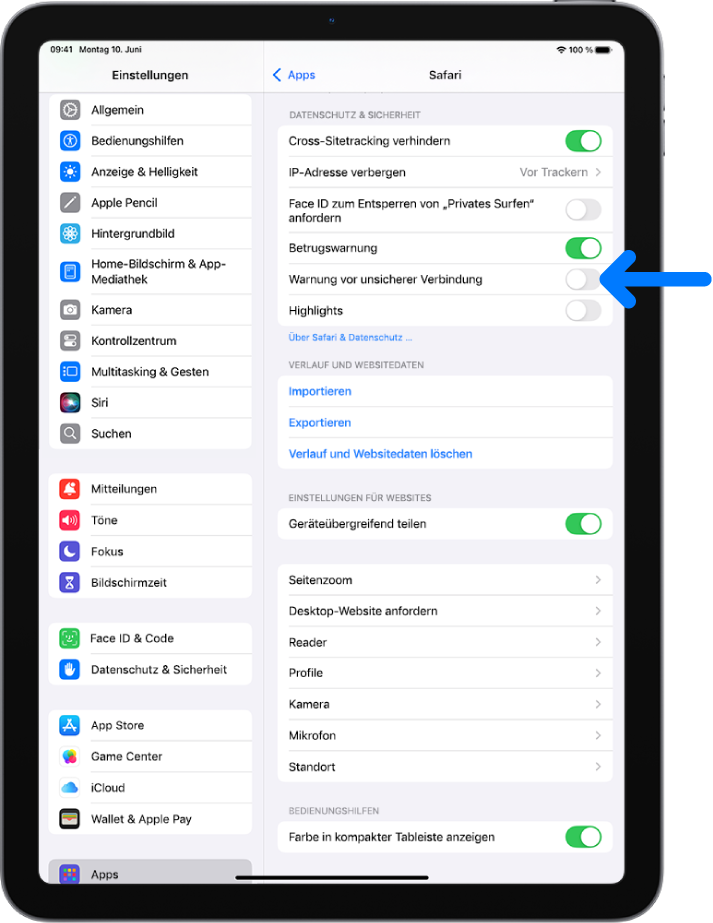 Das Steuerelement „Warnung vor unsicherer Verbindung“ befindet sich unter „Datenschutz & Sicherheit“ im Bildschirm „Safari“ in „Einstellungen“.