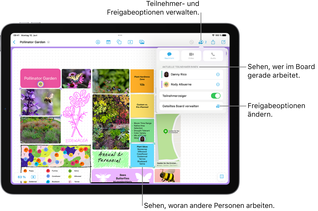 Ein geteiltes Freeform-Board auf dem iPad mit dem geöffneten Menü zum Zusammenarbeiten und der Position einer anderen teilnehmenden Person, die auf dem Board mit violetten Häkchen markiert ist.