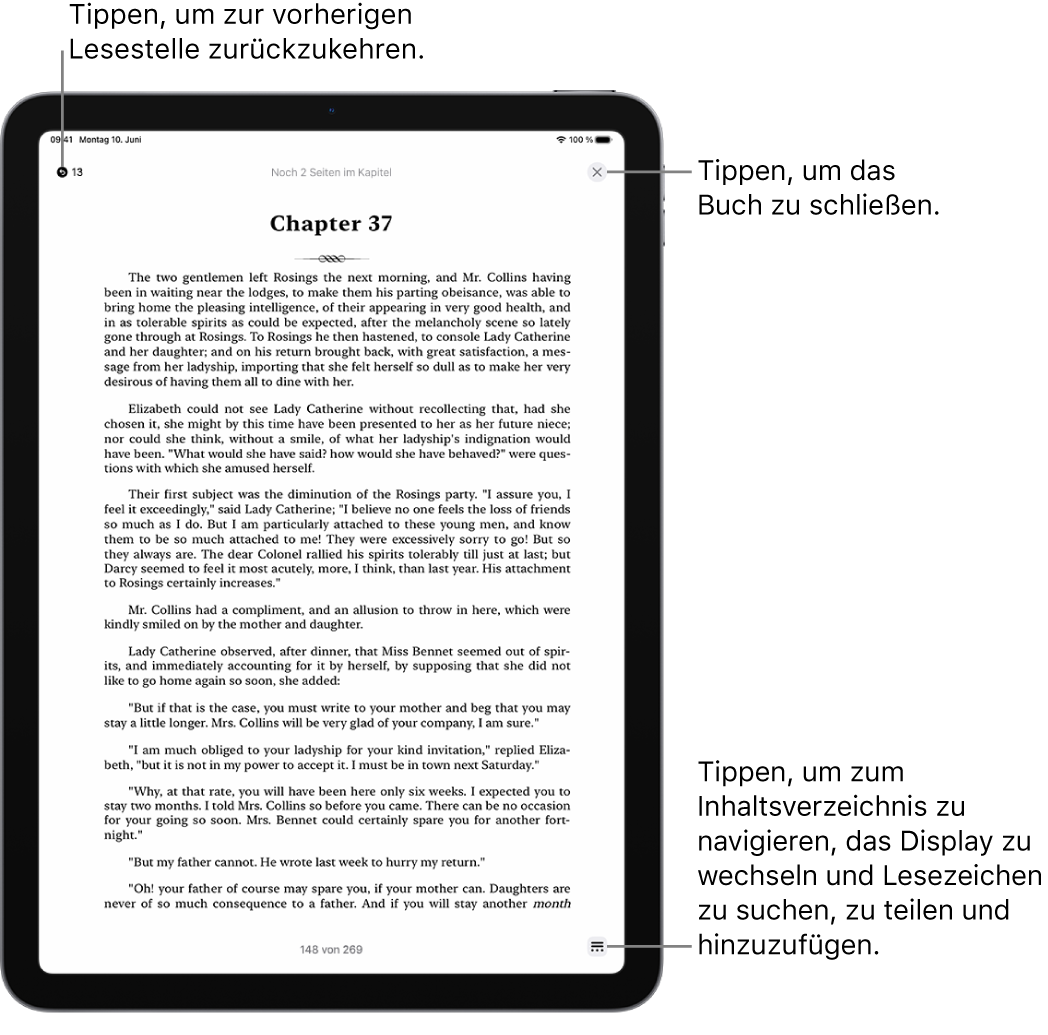 Eine Buchseite in der App „Bücher“. Obern auf dem Bildschirm befinden sich die Tasten zum Zurückkehren zu der Seite, auf der du mit dem Lesen begonnen hast, und zum Schließen des Buchs. Unten rechts auf dem Bildschirm befindet sich die Taste „Menü“.