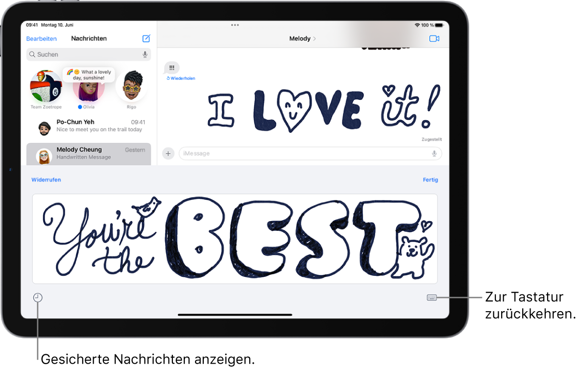 Der Zeichenbereich für einen handschriftliche Nachricht. Unten links befindet sich eine Taste zum Anzeigen von gesicherten Nachrichten und unten rechts eine Taste zum Einblenden der Tastatur.