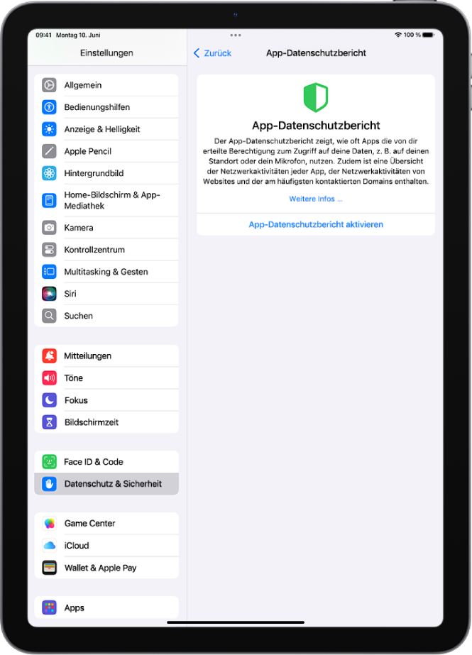 Der Bildschirm „App-Datenschutzbericht“, auf dem du einen Bericht aktivieren kannst, der anzeigt, wie häufig Apps die ihnen erteilten Zugriffe nutzen, sowie ihre Netzwerkaktivität.