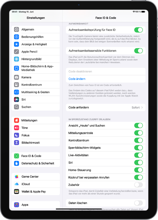 Der Bildschirm „Face ID & Code“ mit Optionen zum Erlauben des Zugriffs auf bestimmte Funktionen, wenn das iPad gesperrt ist.