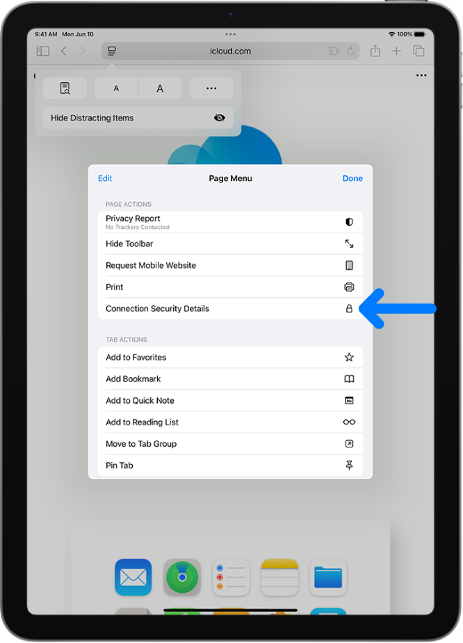 The Page Settings menu is open in Safari, and the Connection Security Details control is midway down the page.