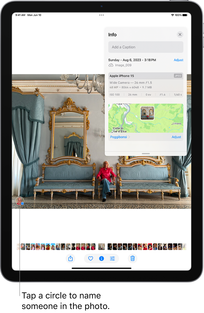 The iPad screen shows a photo open in the Photos app. In the bottom-left corner of the photo is a named thumbnail of the person who appears in the photo.