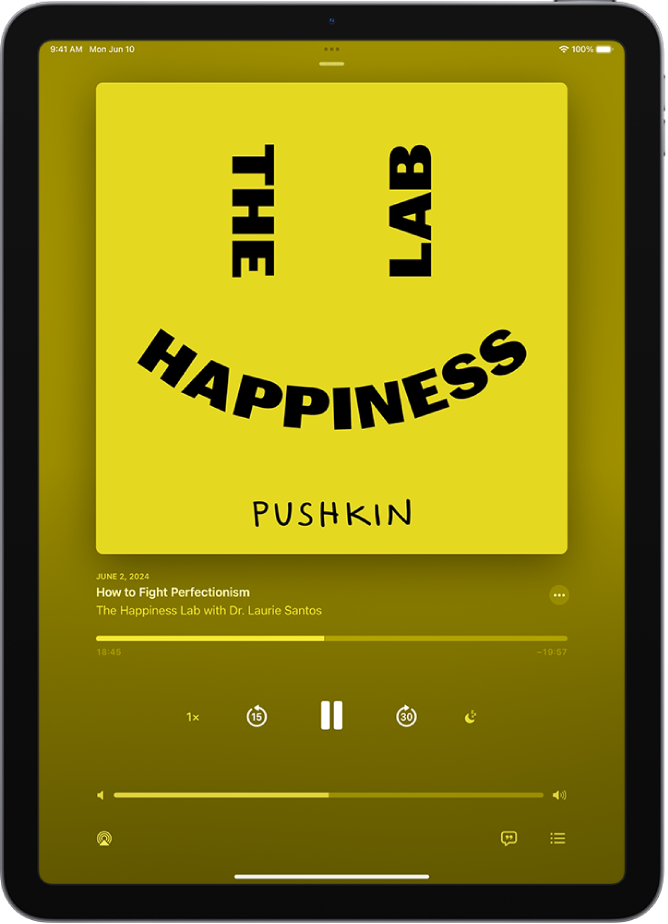 The Now Playing screen in the Podcasts app, showing the podcast artwork, the episode title, the playback controls, and the volume slider. At the bottom of the screen is the AirPlay icon and the Playing Next button.