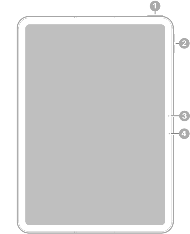 The front view of iPad Air 11-inch (M3) with callouts to the top button and Touch ID at the top right, the volume buttons near the top right, the front camera at the center right, and the microphone on the right.
