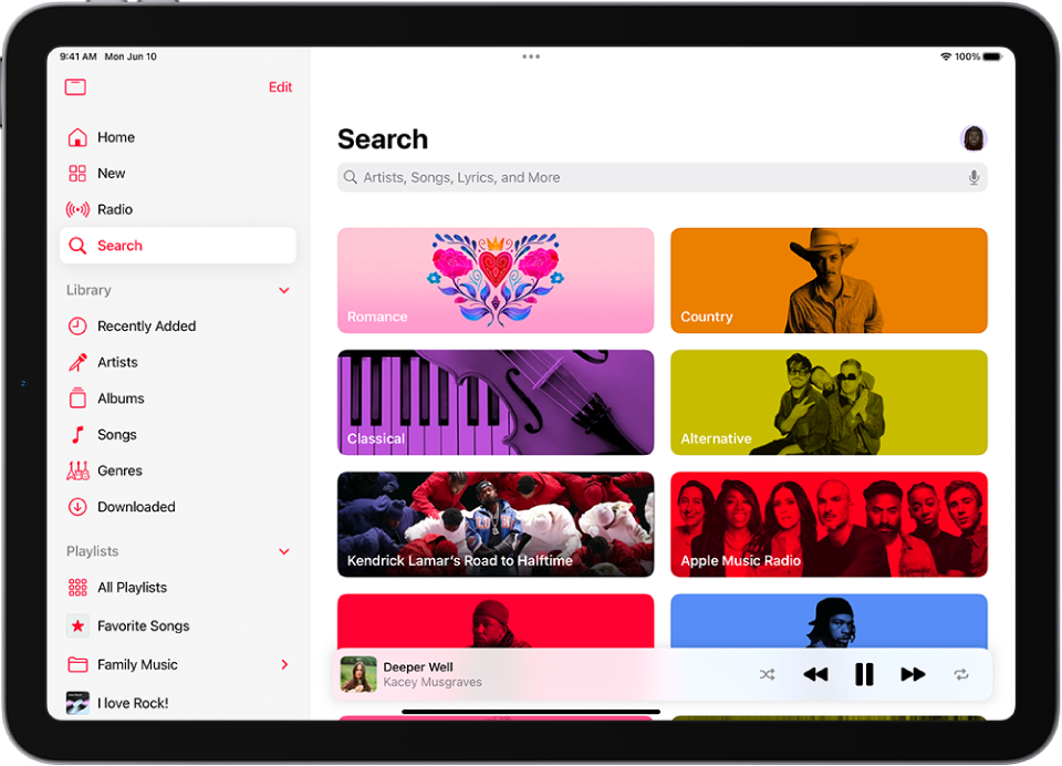 The Search screen showing the sidebar at the left and a search field at the top right. Below the search field, various categories of music appear. The MiniPlayer is at the bottom.