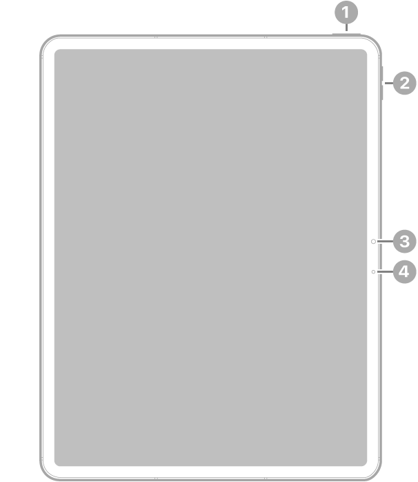 The front view of iPad Air 13-inch (M3) with callouts to the top button and Touch ID at the top right, the volume buttons at the top right, the front camera at the center right, and the microphone on the right.