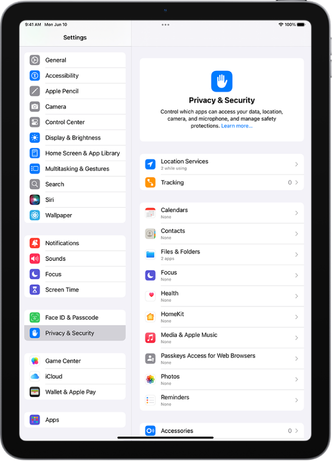 The Privacy & Security screen, with settings for Location Services and Tracking, and settings to control which apps can access your data.