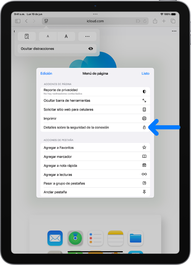 El menú Configuración de página está abierto en Safari, con el control Detalles sobre la seguridad de la conexión a la mitad de la página.
