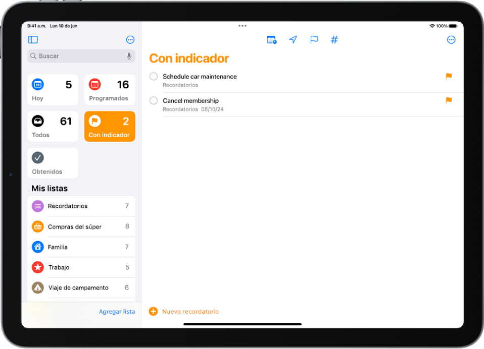 Una pantalla de Recordatorios mostrando una lista inteligente que incluye todos los elementos con indicador.