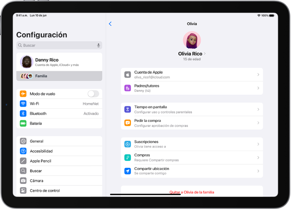 Pantalla de Configuración con las funciones disponibles para un miembro adolescente de la familia, como Pedir la compra y Apple Cash.