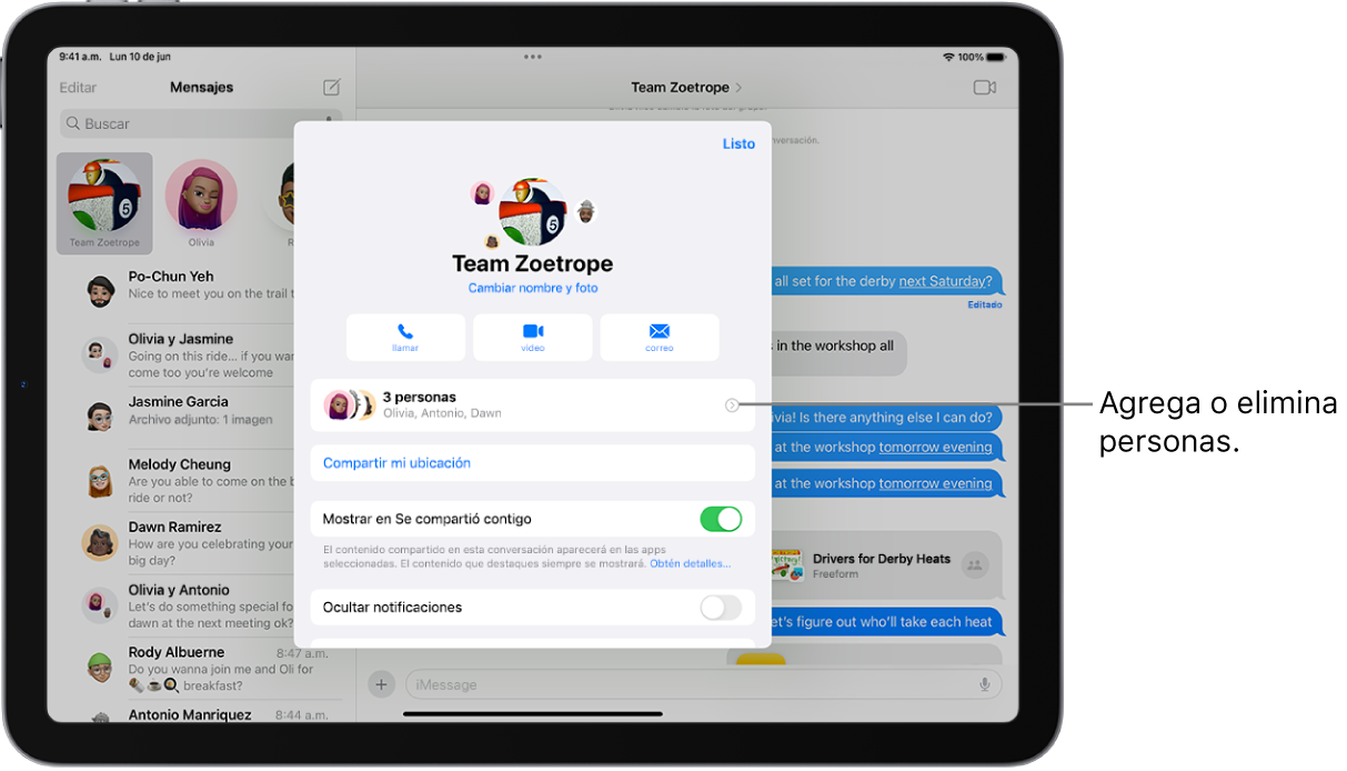 El iPad con los detalles de una conversación de grupo.